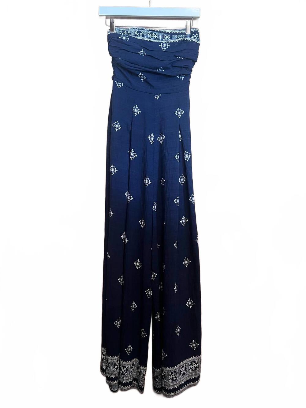 NEW KLD women's strapless tie back printed jumpsuit in navy